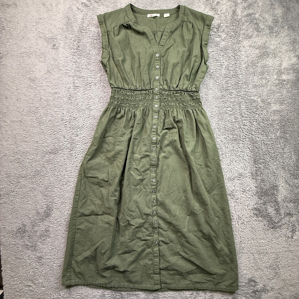 Levi's Beatrice Button Front Midi Dress Deep Depth Green Womens M Linen Cotton